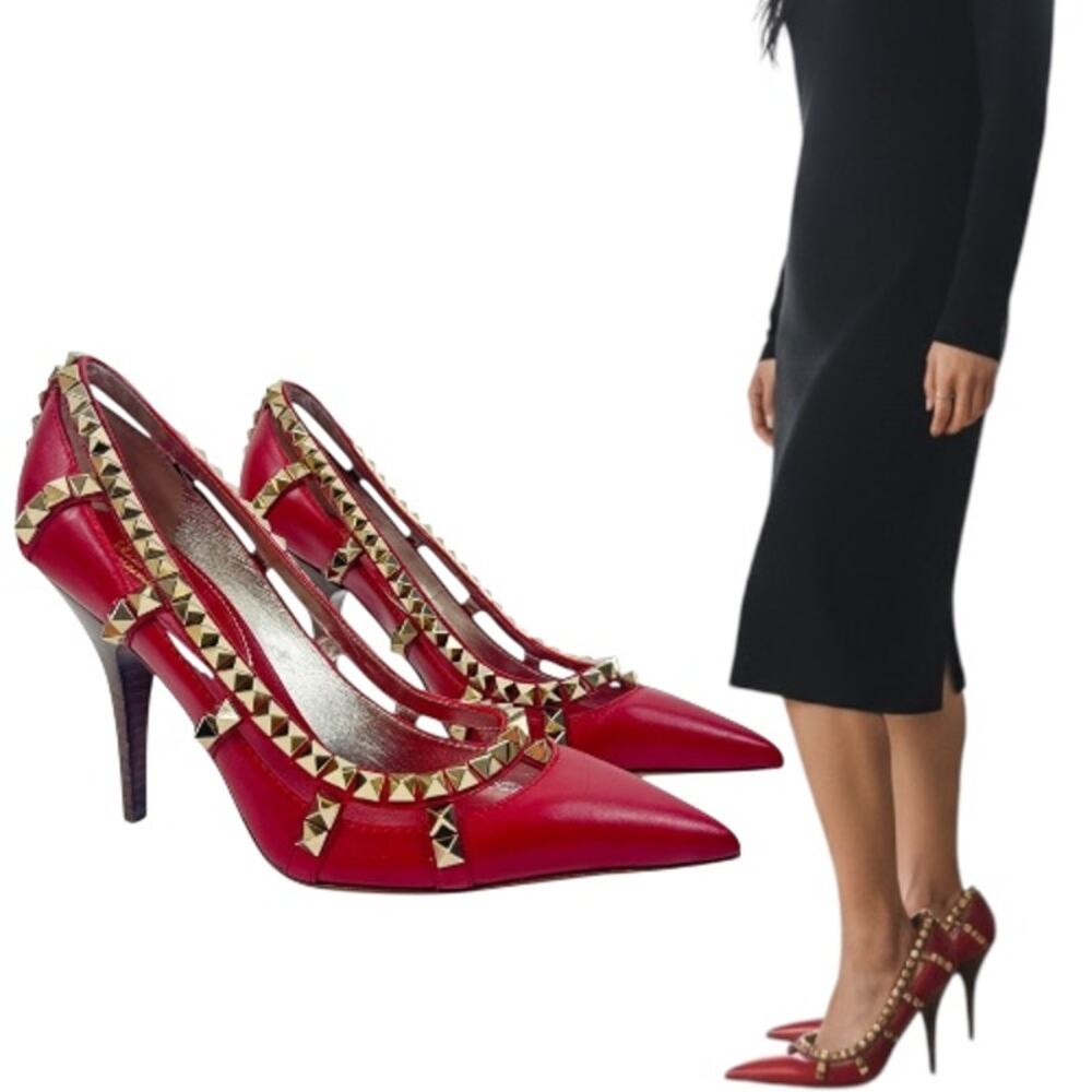 NEW Valentino Garavani Rockstud Leather Pumps Red Pointed Toe Size 37